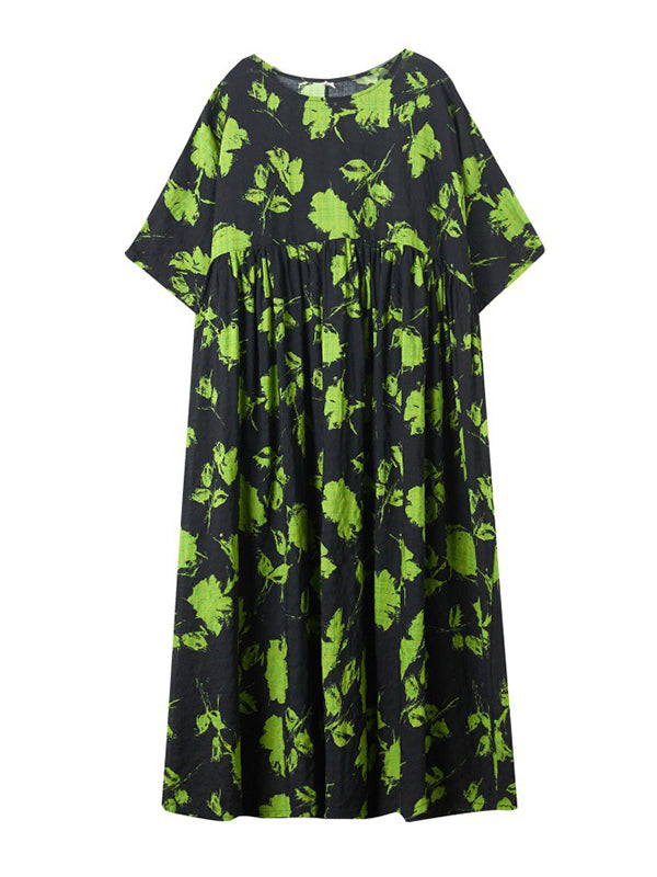 Loose Pleated Round-neck Midi Dresses
