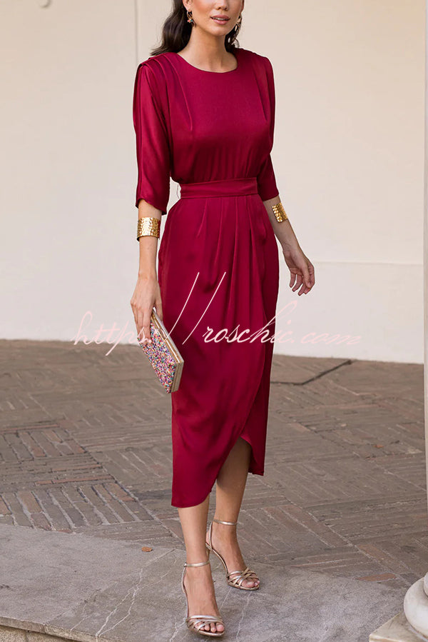 Satin Color Round Neck Half Sleeve Waist Midi Dress