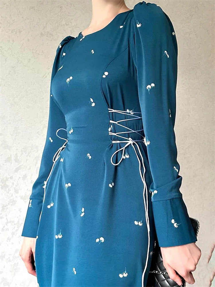 Printed Bandage Maxi Dress for Slim Patchwork Lace-up Long Sleeve Dress Female Contrast Long Dress