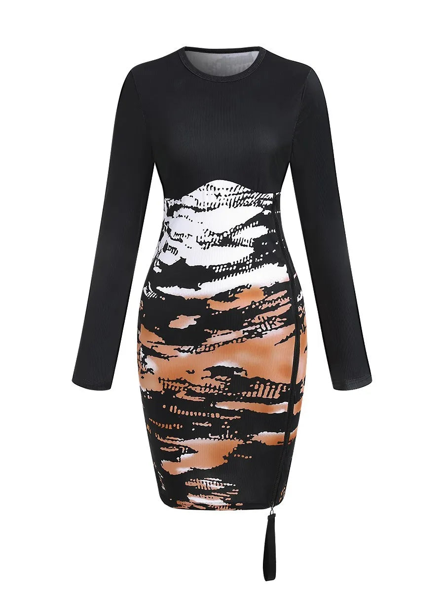 ’s Summer Tie-dye Rib-knit Zipper Bodycon Dress – Round Neck Pencil Party Mini Dress Vestido