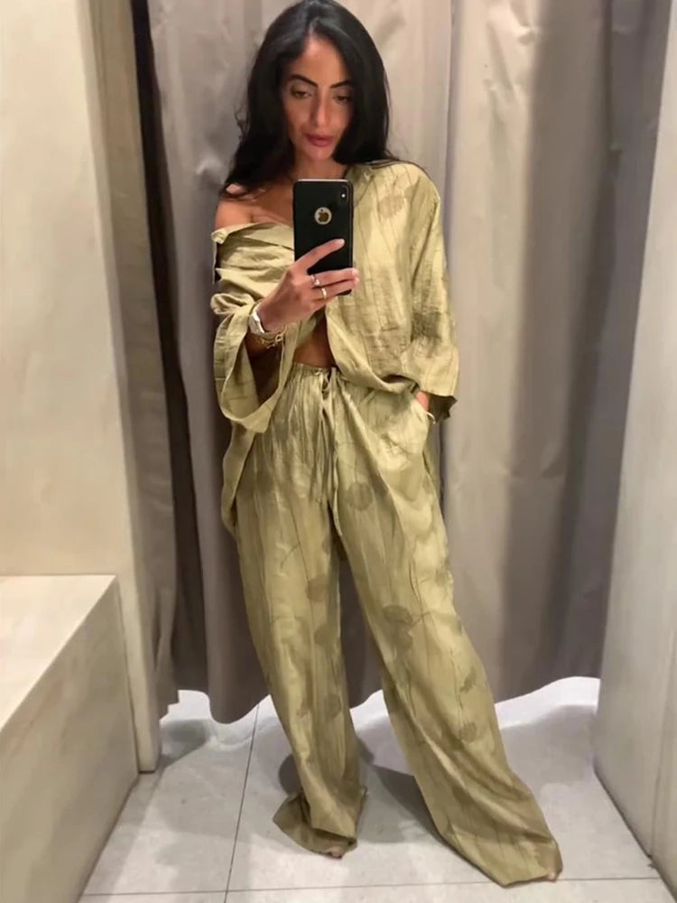 New Linen Tie-dye Print Long Pants Sets for Lapel Half Sleeve Single Breasted Shirts Drawstring Wide Leg Pant 2 Pieces Set
