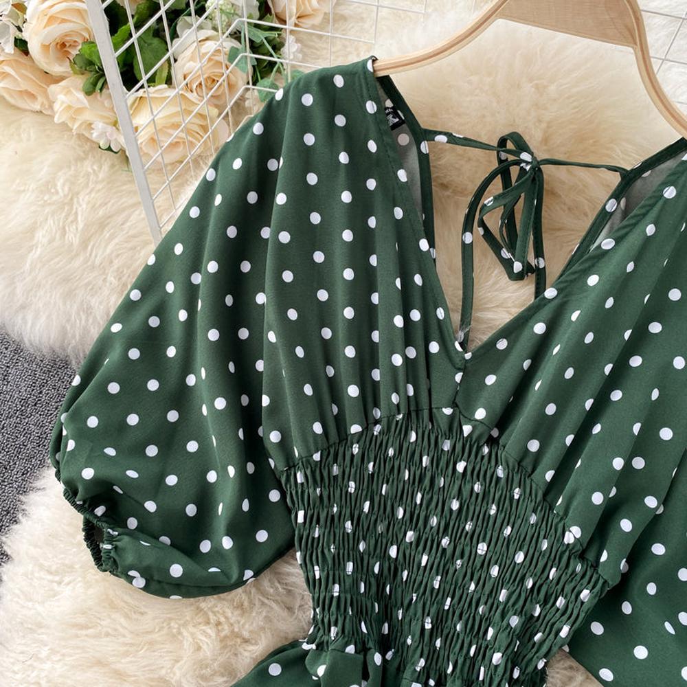 Stylish Army Green V-neck Polka Dot Puff Sleeve Wide Leg Jumpsuit