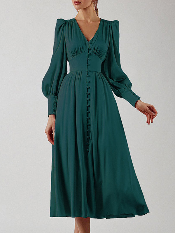 A-line High Waisted Buttoned Pleated Color V-neck Midi Dresses