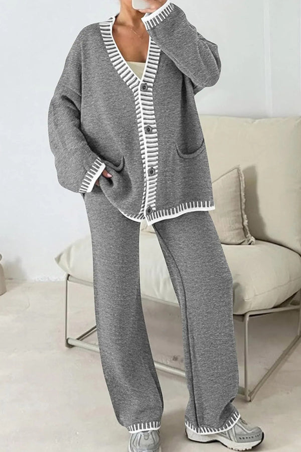 Knitted Long Sleeve Pocket Cardigan and Elastic Waist Loose Wide Leg Pants Set