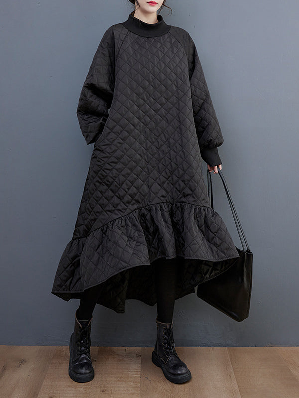 Long Sleeves A-line Rhombic Falbala High-neck Midi Dresses