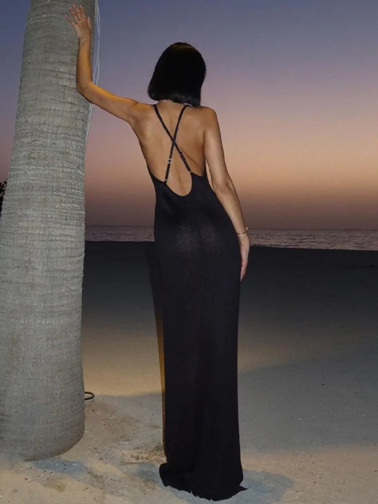 Deep V Neck Backless Maxi Dress Black Spaghetti Strap Sleeveless Side Split Club Party Long Dress Beachwear