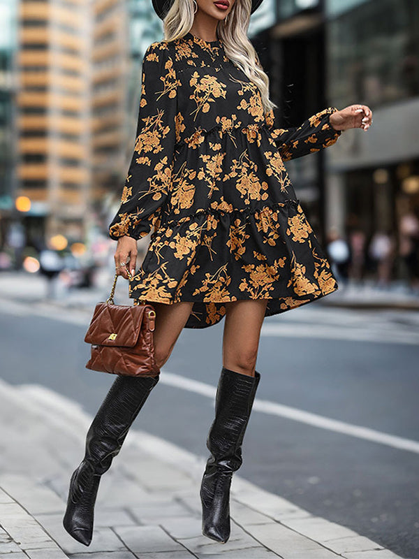 A-line High Waisted Elasticity Flower Print Split-joint Round-neck Mini Dresses