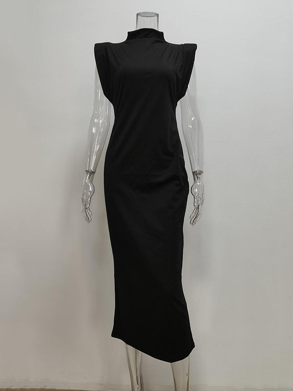 Skinny Color Zipper Mock Neck Midi Dresses