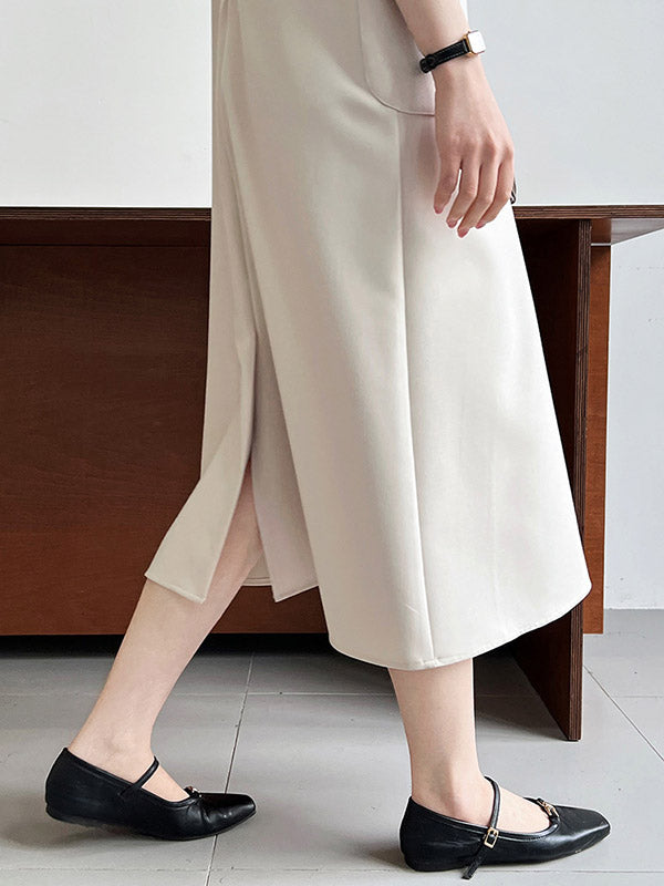 High Waisted Loose Pockets Color Split-back Zipper Round-neck Midi Dresses
