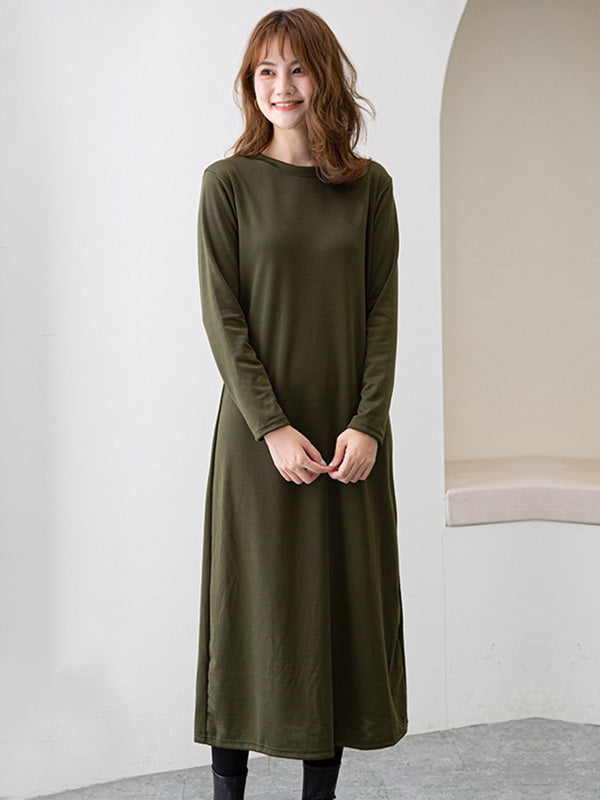 Simple Color Round-neck A-line Midi Dress
