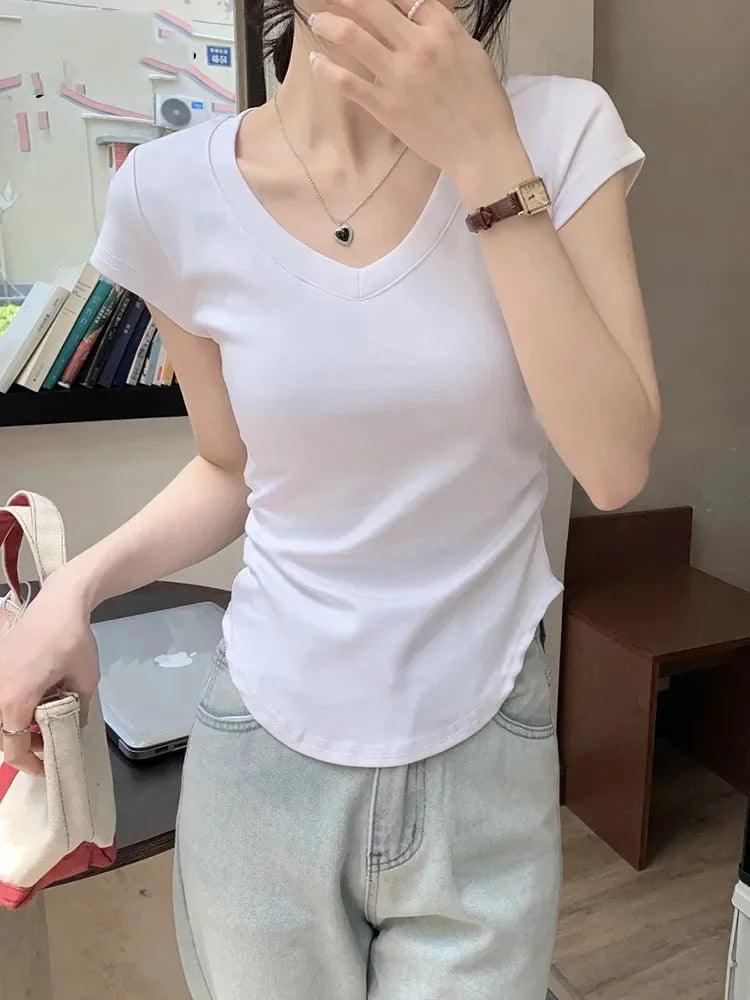 Summer New Color Slim ’s T-shirt Loose Basic T-shirt Woman Black White Gray Simple Top Female
