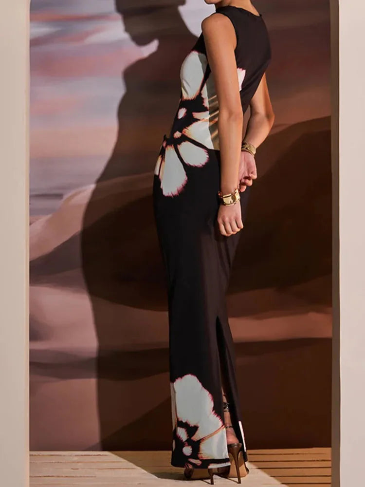 Hollow Out Printed Sleeveless Maxi Dress ’s Summer Slim High Waist Female Bodycon Long Dress New