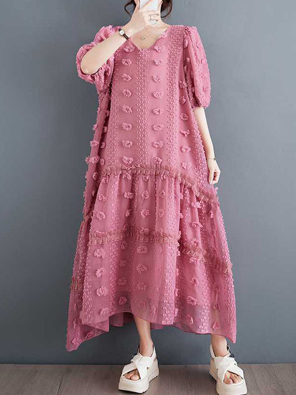 A-line Half Sleeves Elasticity Jacquard Color Split-joint V-neck Midi Dresses