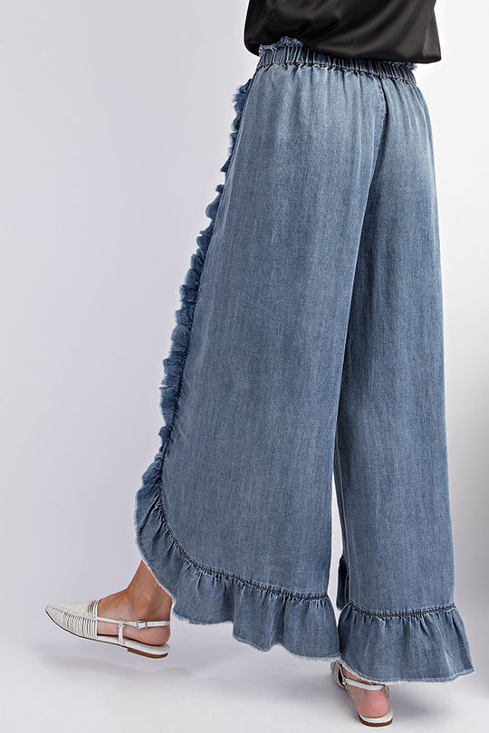 Color Ruffled Elastic Waist Tie Loose Denim Flared Pants