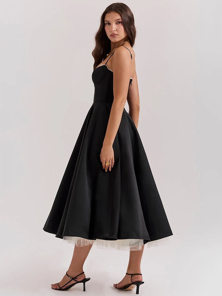 A-line Backless Midi Dress for Spaghetti Strap Sleeveless Loose Club Party Dress New
