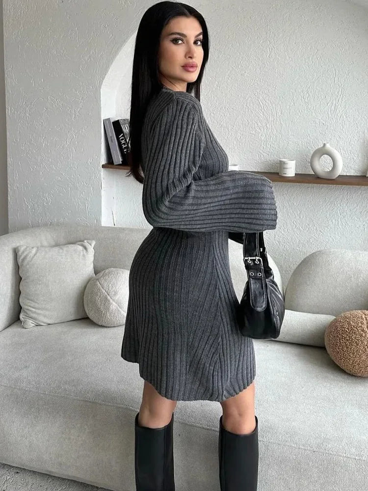 Knit Ribbed Dress Female High Waist Loose Patchwork Commute Party Dress Knitwear Mini Dress