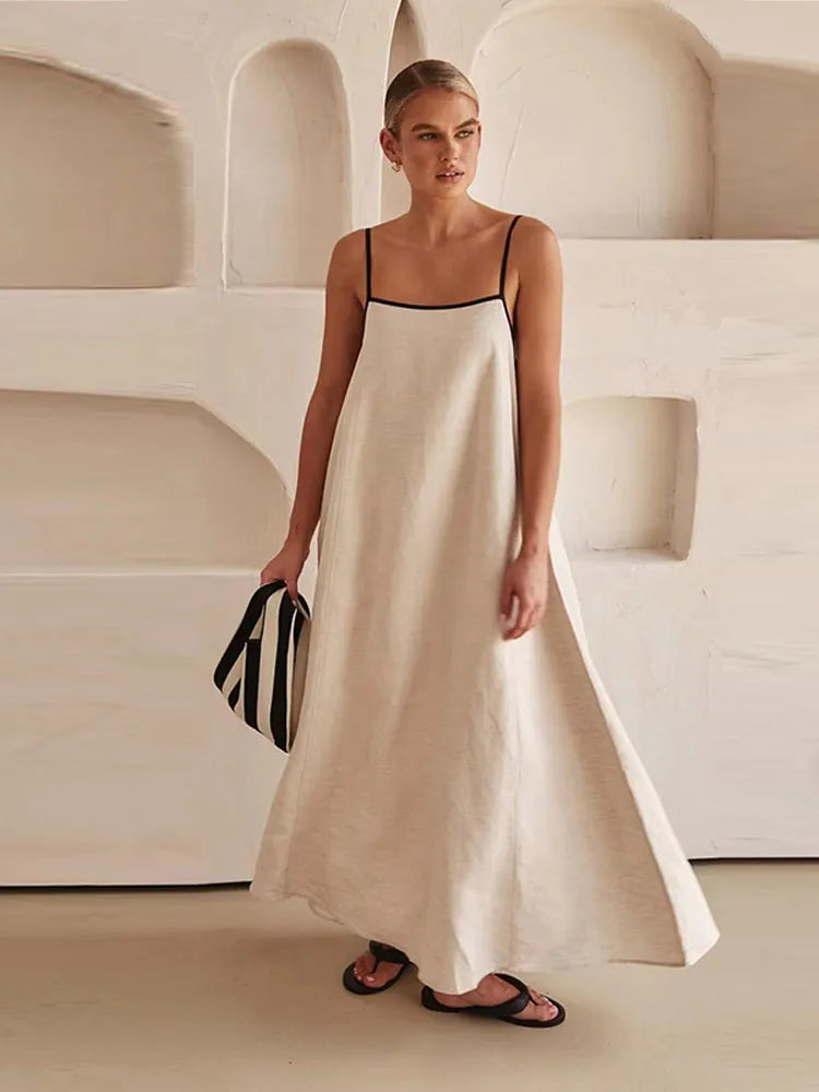 Cotton Linen Sling Dress Summer Backless Sleeveless Slip Long Dresses Lady Loose Maxi Dress