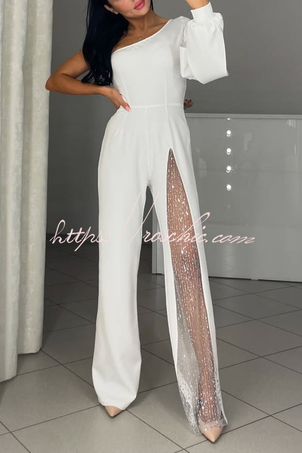 Fashionable Oblique Shoulder One-sleeve High Slit Slim Jumpsuit