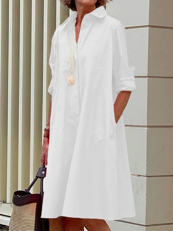 Simple Long Sleeves Color Lapel Midi Dress