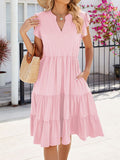 Loose Ruffle Sleeves Pleated Pockets Color Split-joint V-neck Midi Dresses