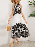 A-line Loose Hollow Pleated Printed Tied Mock Neck Midi Dresses