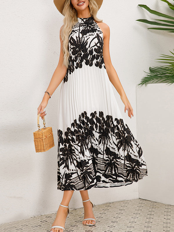 A-line Loose Hollow Pleated Printed Tied Mock Neck Midi Dresses