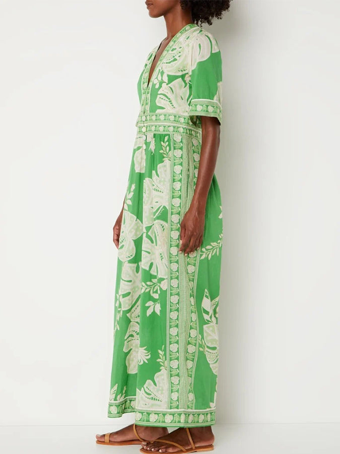 Printed V Neck Short Sleeves Jumpsuit