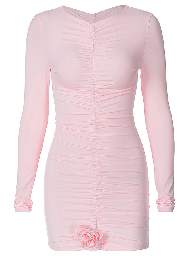 3d Flower Long Sleeves Slim Pleated Mini Dress