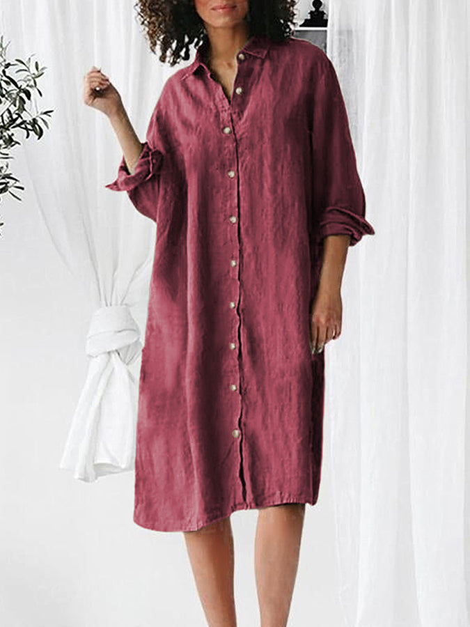 Long Sleeves Buttoned Cotton-linen Midi Dress