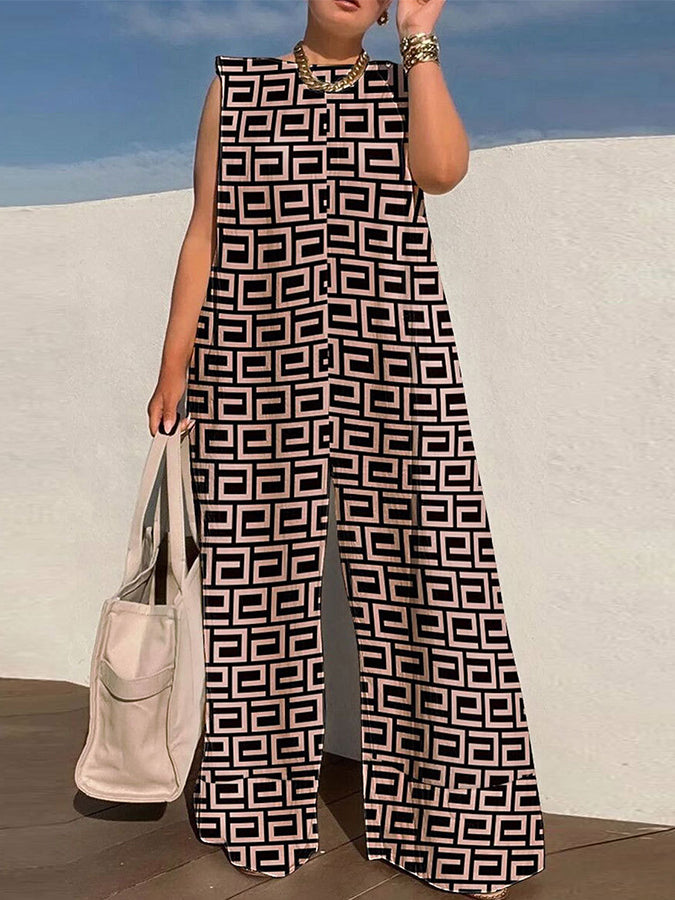 Print Patchwork O-neck Jumpsuit
