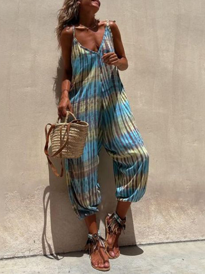 V Neck Printed Sleeveless Wide-leg Jumpsuits