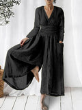 Long Sleeves V Neck Wide -leg Pants Jumpsuits