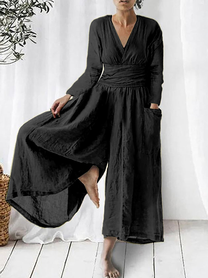 Long Sleeves V Neck Wide -leg Pants Jumpsuits