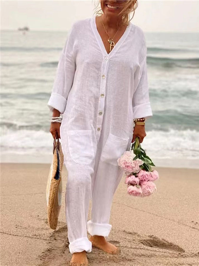 Long Sleeves Pockets V Neck Buttoned Jumpsuits