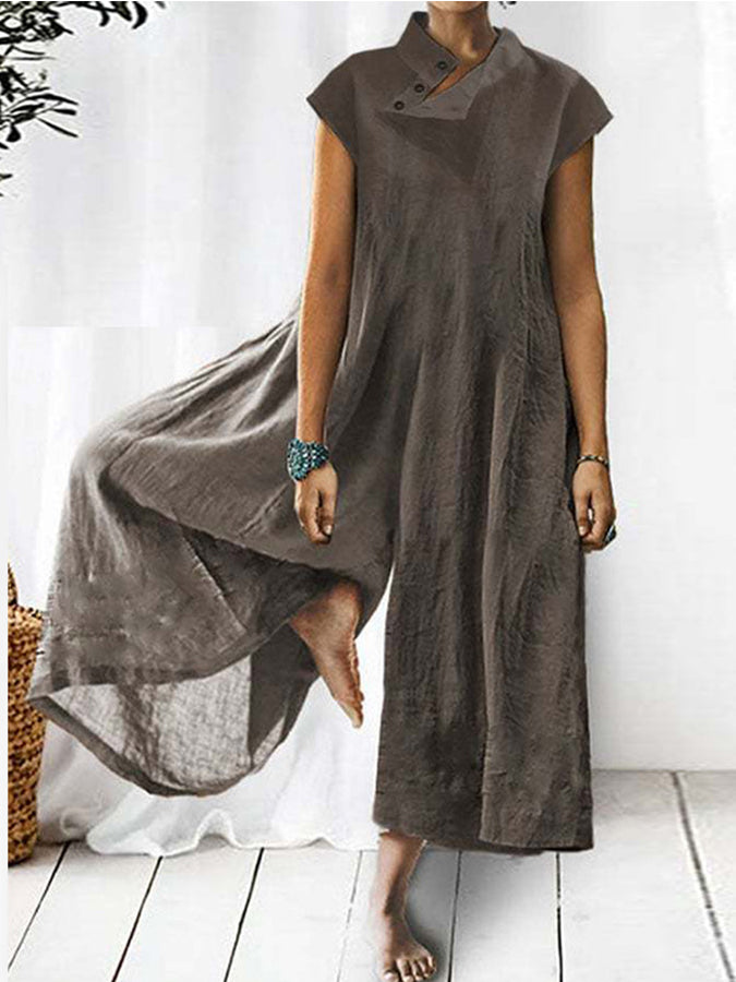 Stand Collar Short Sleeves Wide-leg Jumpsuits