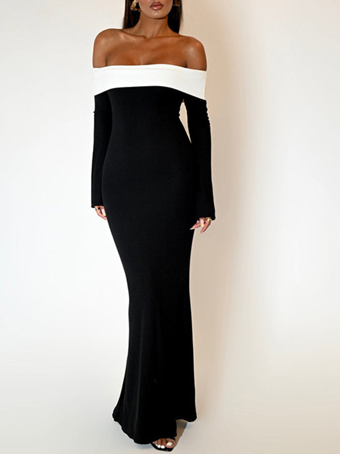Off Shoulder Long Sleeves Slim Maxi Dress