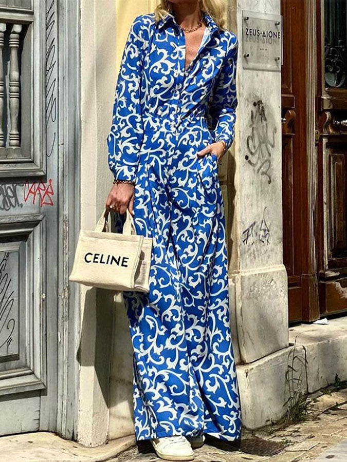 Long Sleeves Printed Pockets Shirt Collar Jumpsuits
