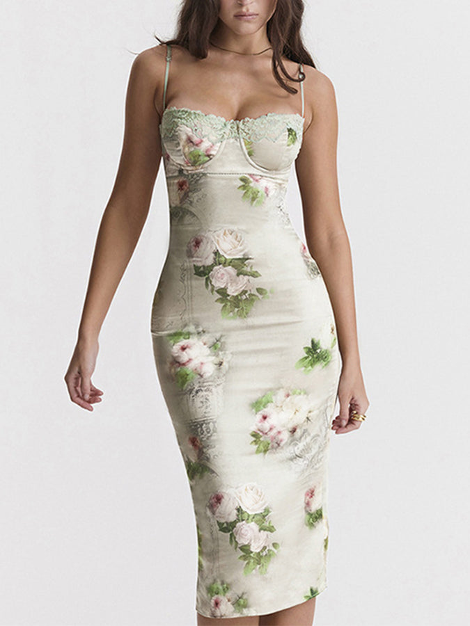 Printed Lace-paneled Midi Dress
