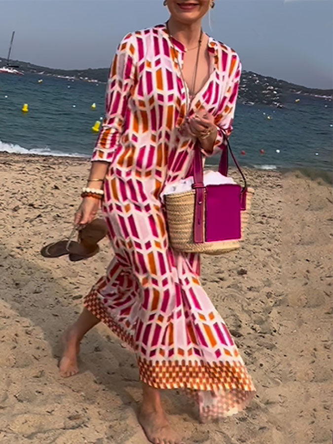 3/4 Sleeves Round Neck Geometric Printed Maxi Dress