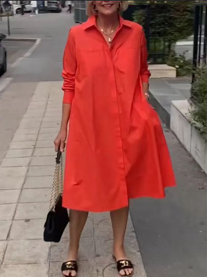 Long Sleeves Shirt Collar Simple Midi Dress