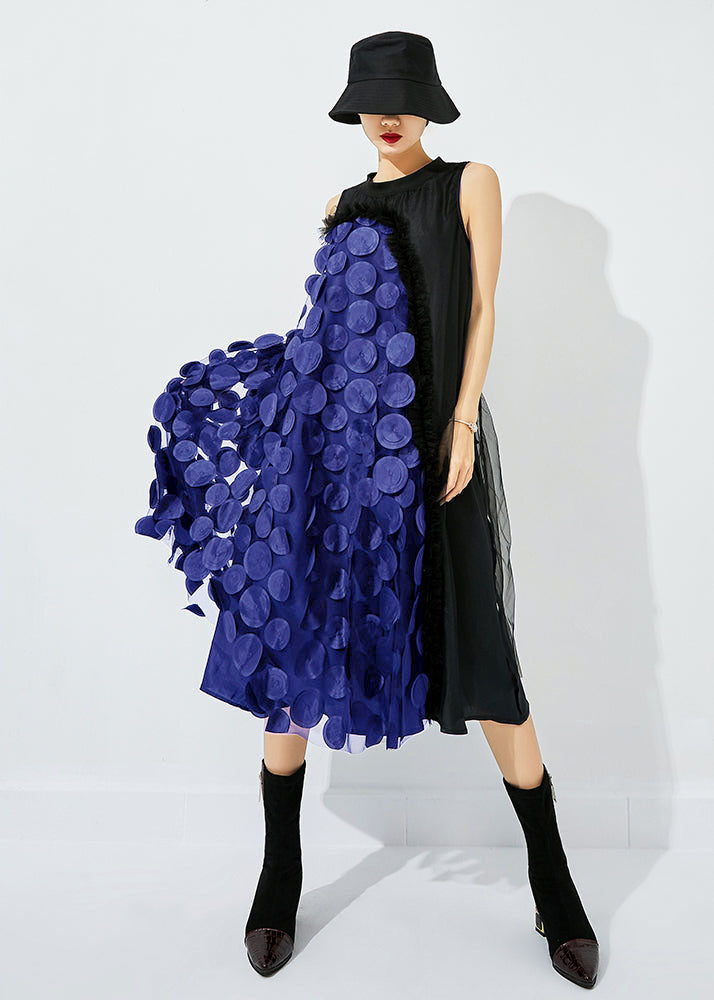 Black-green Dot Asymmetrical Patchwork Wrinkled Tulle Maxi Dress Sleeveless Ly0870