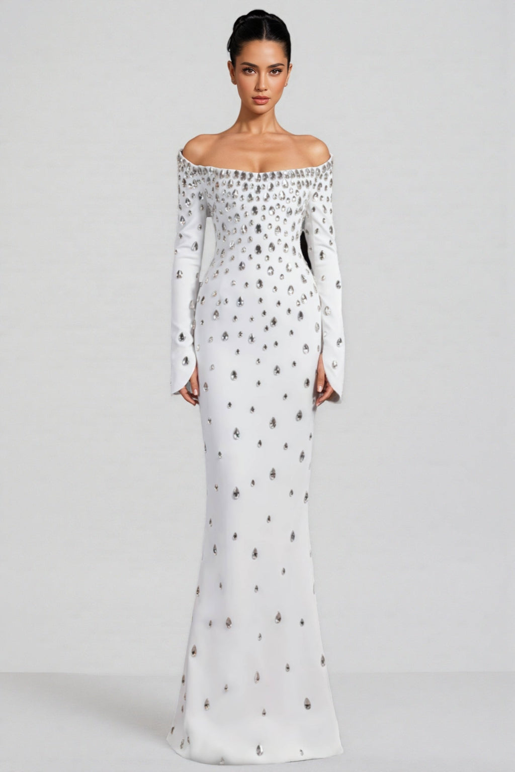 Kania White Long Sleeve Beaded Maxi Dress