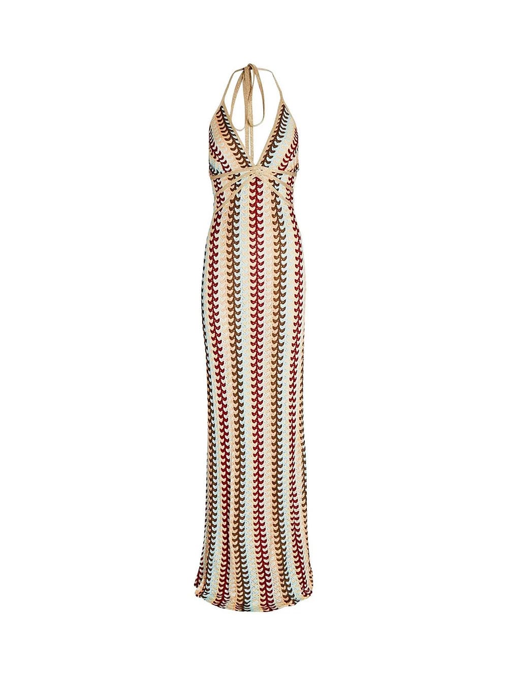 Halter V Neck Backless Pattern Knit Slim-fit Vacation Maxi Dresses-beige