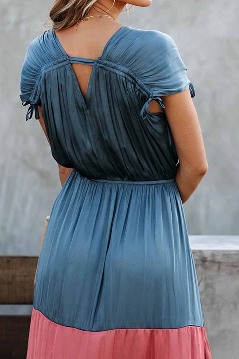 Summer Loose Multicolor Stitching V-neck Short Sleeves Midi Dress