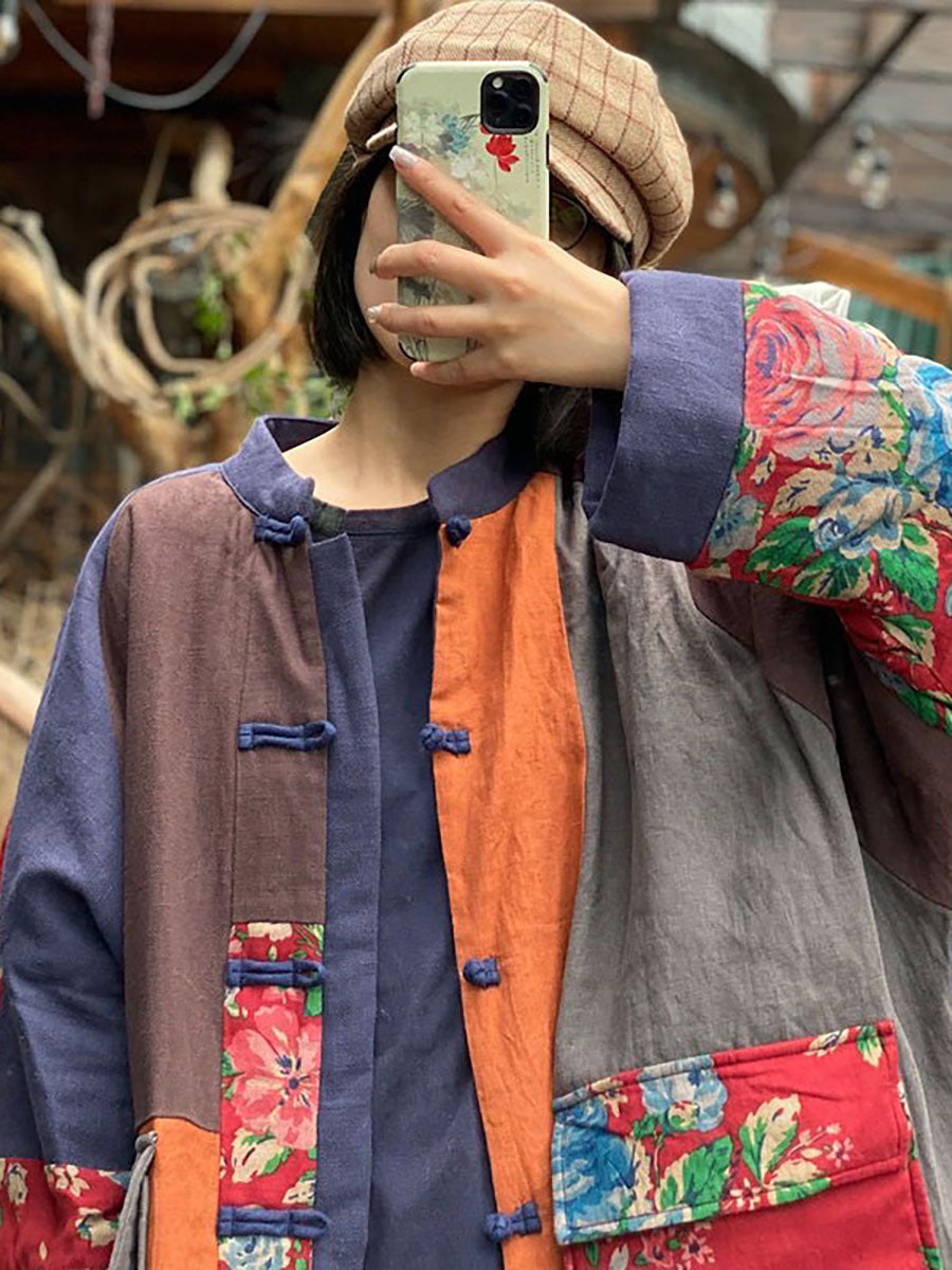 100% Cotton Stand Collar Patchwork Long Coat Qu014