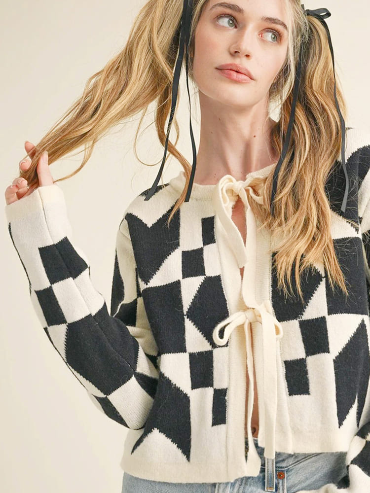 Geometric Print Lace-up Cardigan Sweater