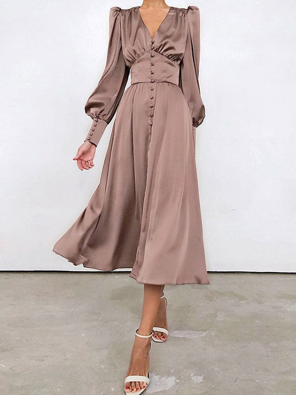 A-line High Waisted Buttoned Pleated Color V-neck Midi Dresses