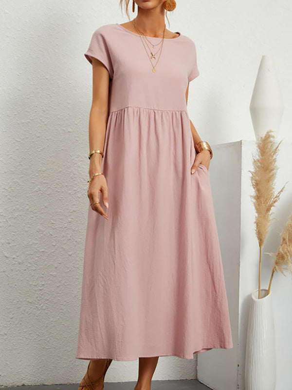 Loose Short Sleeves Pleated Color Round-neck Midi Dresses