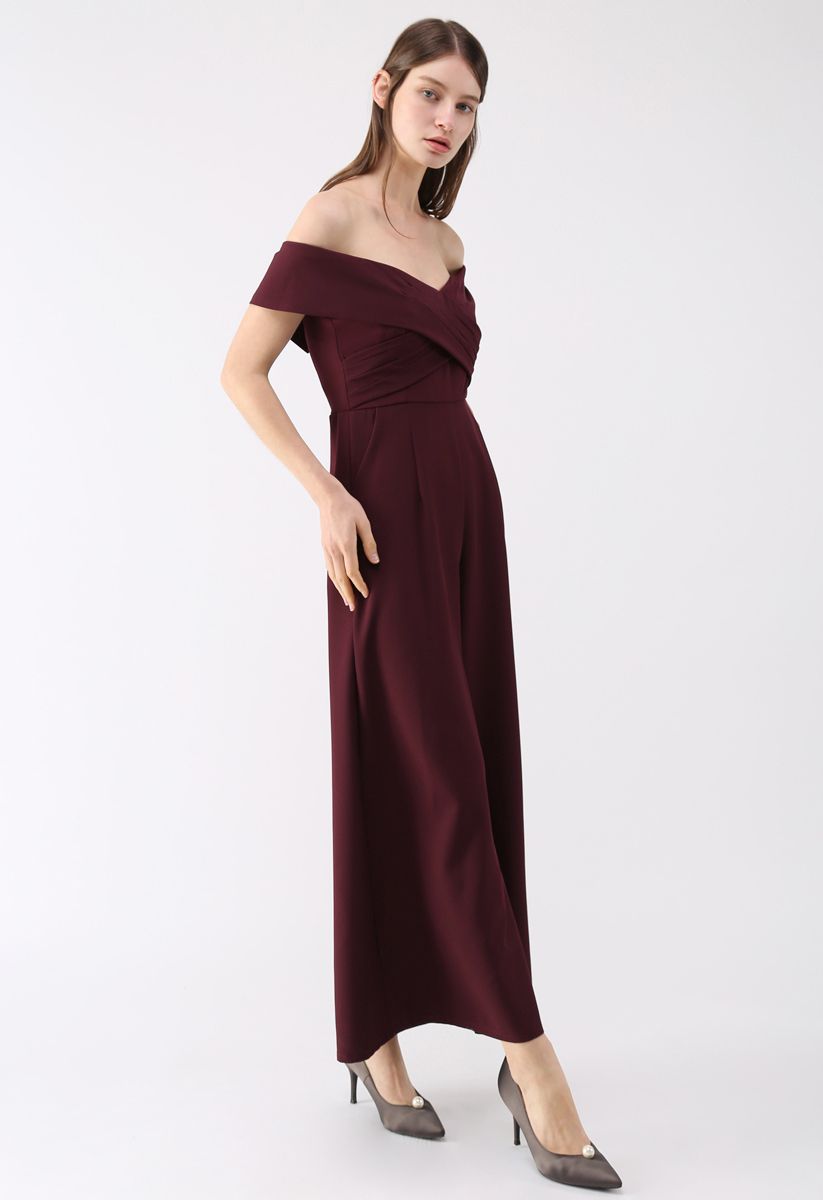 Eternal Sweet Cross Breast Off-shoulder Jumpsuit in Wine