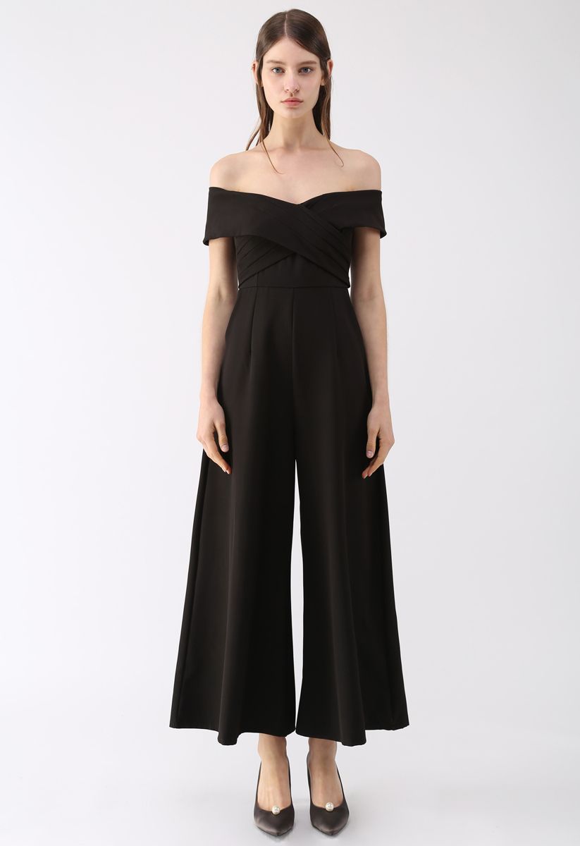 Eternal Sweet Cross Breast Off-shoulder Jumpsuit in Black